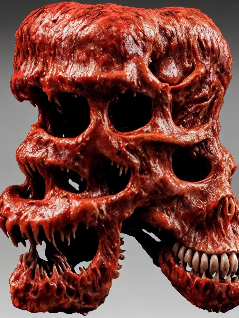 Image similar to hyperrealistic subsurface scattering rendering, fat smooth wet cronenberg flesh monster smooth skull and ribcages kaiju by art of skinner and richard corben and jeff easley, product photography, action figure, sofubi, studio lighting, colored gels