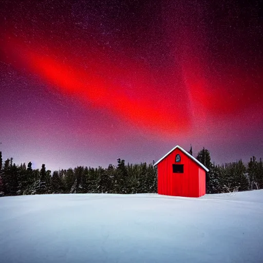 Image similar to stunning photo of landscape with an red cabin on a mountain by mikko lagerstedt