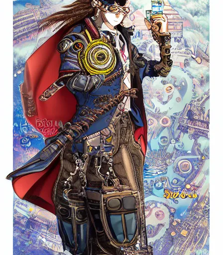 Prompt: hyper detailed comic illustration of a steampunk anime Superman wearing goggles and an intricate Victorian jacket, markings on his face, by Hayao Miyazaki intricate details, bright vibrant colors , solid background, low angle fish eye lens