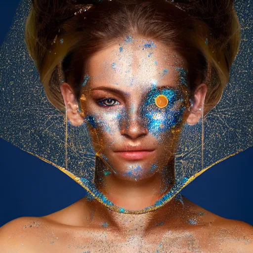 Prompt: portrait of a beautiful woman layered with futuristic high-tech jewelry wrapping around her face and head, golden-silver glow of moonlight with tiny blue, gold, and red gems scattered like dust