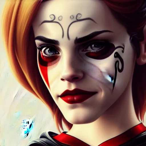 Image similar to Beautiful Emma Watson as Harley Quinn, western, D&D, fantasy, intricate, elegant, highly detailed, digital painting, artstation, concept art, matte, sharp focus, illustration, art by Artgerm and Greg Rutkowski and Alphonse Mucha