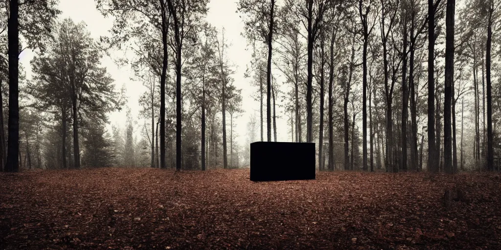 Image similar to a black cube minimalist house in the woods and empty woods, 8k, fantasy, hyper realistic, dramatic lighting, cinematic