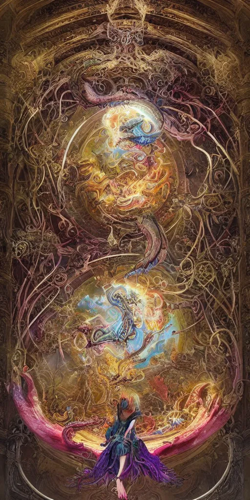 Image similar to enormous colorful psyhedelic Ouroboros floating around inside an ancient mage castle hall colossal scale, gothic and baroque, brutalist architecture, ultradetailed, intricate details by Ellen Jewett and Ayami Kojima