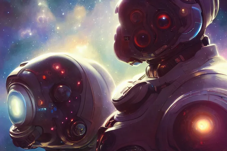 Image similar to portrait of a futuristic bulldog in a spacesuit, a nebula supernova in space, portrait, intricate, digital painting, artstation, concept art, smooth, sharp focus, illustration, cinematic lighting, art by artgerm and greg rutkowski and alphonse mucha