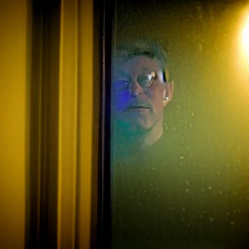 Image similar to dark photo of dark blue rainy bedroom window at night, creepy face of elon musk staring in through the window, horror, scary face,