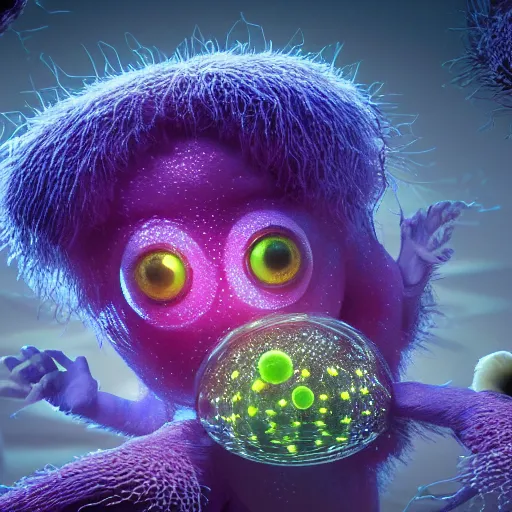 Image similar to the fourth dimension, expressive eyes, floating, rbc, radiolaria, protophyta, micro - organisms, center frame, symmetric, rim light, marine microbiology, bioluminescence, electric, fur, soft, concept art, intricate details, highly detailed, colorful, photorealistic, disney pixar, octane render, iridescent, anime, 8 k