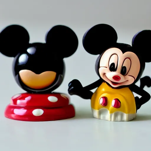 Prompt: product photograph of cute vintage disney figurines by isabel han : 4 cute, chibi, popular, collectible, toys figures, mickey mouse, miney mouse, pluto, kawaii, toys, white background : 3