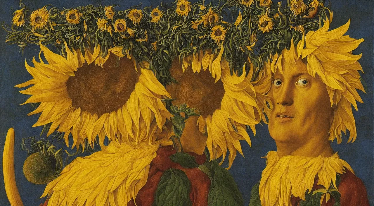portrait of ancient sunflower warrior with thousads of Stable