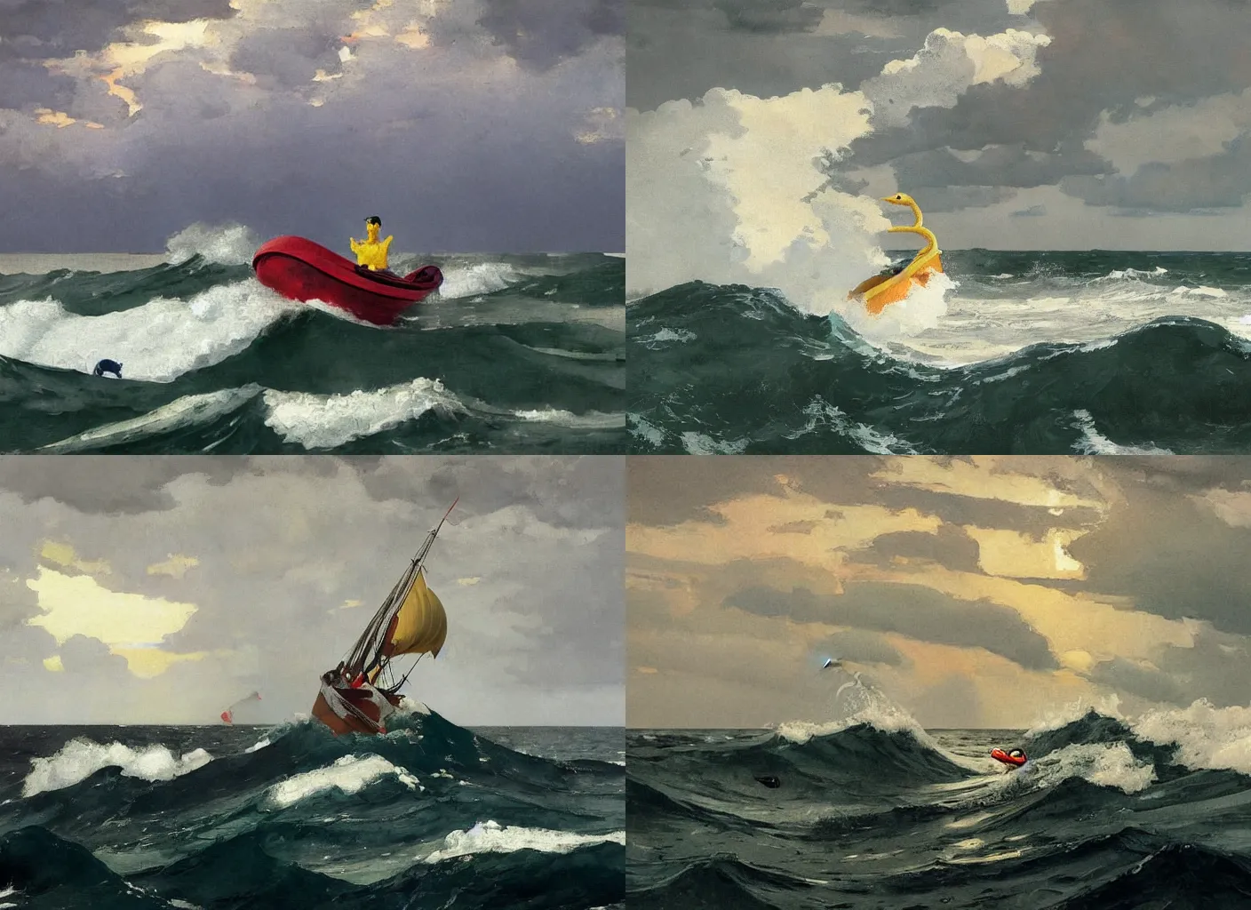 Prompt: a rubber ducky being tossed about by the stormy sea painted by Winslow Homer, dramatic nautical scene, dangerous waves, masterwork painting of the tumultuous North Sea