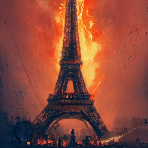 Prompt: the eiffel tower on fire, flames, burning, intricate, highly detailed, art by greg rutkowski, trending on artstation