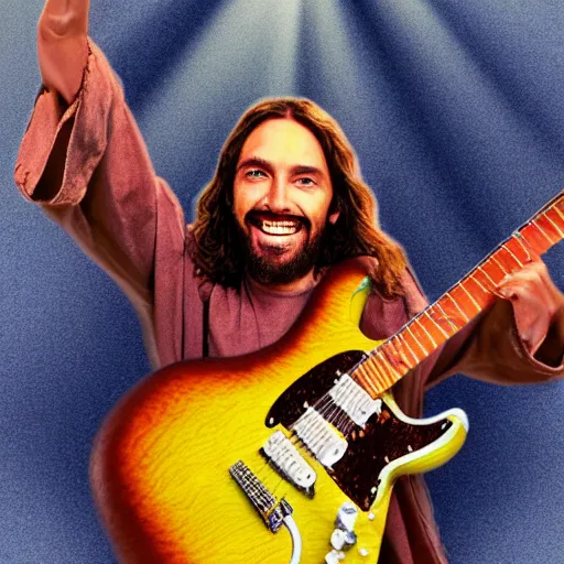 Image similar to a photo of Jesus Christ playing electric guitar smiling, HDR 8k