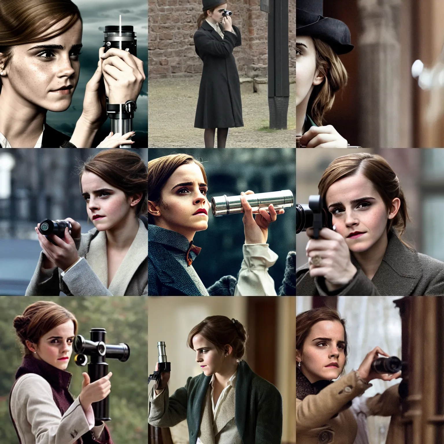 Prompt: Emma Watson as Sherlock Holmes looking through a spyglass