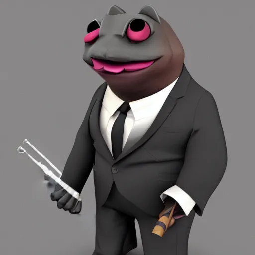 Image similar to a high quality photo of an antropomorphic mafia frog wearing a suit smoking a cigar, 3d scene, render, ultra realistic, artstation, cgsociety