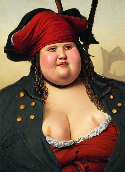 Prompt: close - up portrait of a morbidly obese female pirate with two peglegs and two hook hands, detailed dynamic light painting by albrecht anker