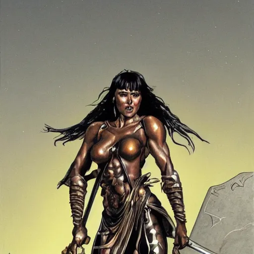 Prompt: a muscular bronze - skinned silver - eyed black - haired woman warrior wearing xena armor, holding a sword aloft, in a crowded alien arena on a hostile planet, highly detailed, ron cobb, moebius, heavy metal magazine, mike mignola, trending on art station, illustration, comic book