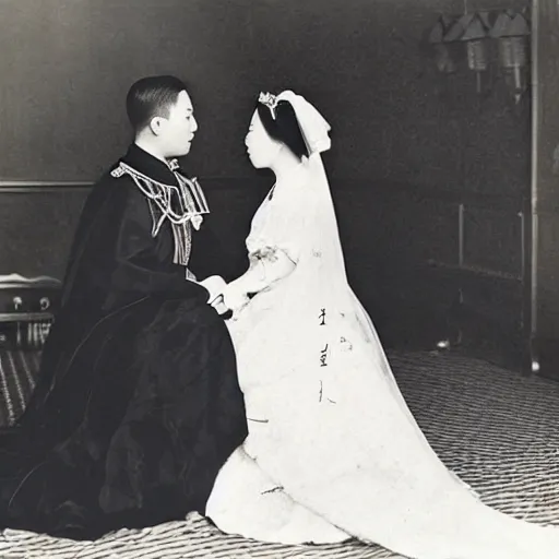 Image similar to An extreme long shot wide shot, colored black and white Russian and Japanese mix historical fantasy photographic portrait of a Royal wedding of the empress and the emperor share a tender kiss, golden hour, warm lighting, 1907 photo from the official wedding photographer for the royal wedding.