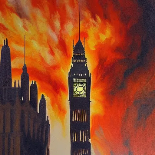 Image similar to detailed, soft, dynamic painting of the Big Ben in flames, burning, arson, professional painting, at dusk