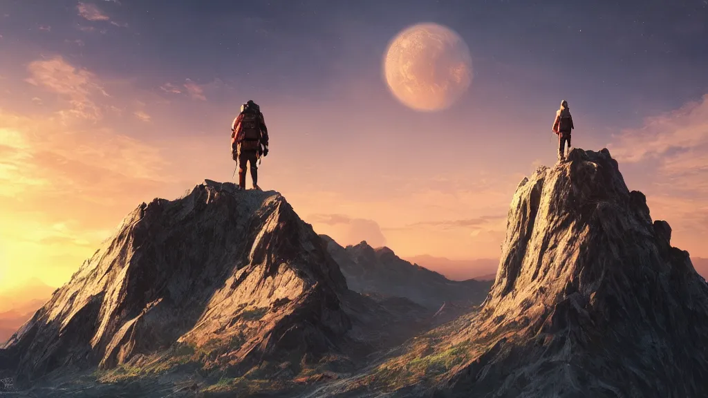 Prompt: someone standing at the peak of a mountain, enormous planet in the background, majestic, sunset, highly detailed, trending on artstation