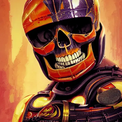 Image similar to a portrait of a skull with vampire teeth, in an orange racing helmet by sandra chevrier, detailed render, epic composition, cybernetics, 4 k realistic, cryengine, realistic shaded lighting, sharp focus, masterpiece, by matteo scalera, gary montalbano, peter elson in the style of the tokyo ghost comic