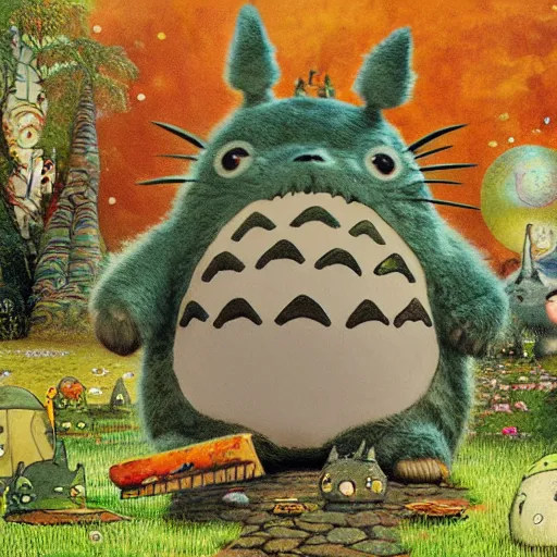 Image similar to totoro tripping on lsd, intricate detail, royo, klimt, miro, vallejo, frazetta, giger, whealan, hd, unreal engine,