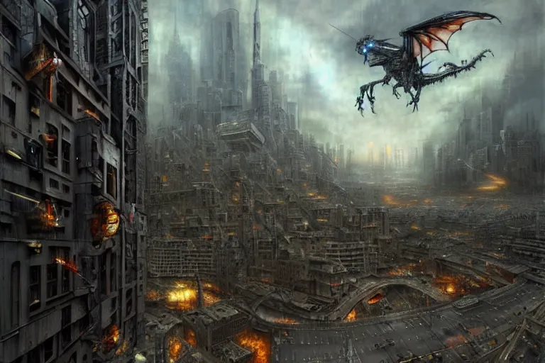 Image similar to hdr rugged futuristic cityscape infested by flying cyber dragons and other robots, matte painting by andrea kowch, detailed realistic