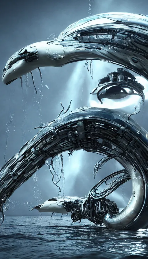 Prompt: summoning a beautiful biomechanical orca spirit from the ocean, organic and robotic, made up of metal, skin, and plastic, shiny, metallic, wet, solarpunk, post apocalyptic, hyper realistic, cinematic angle, octane render unreal engine render, 8k, super detailed, SLEEK!!!