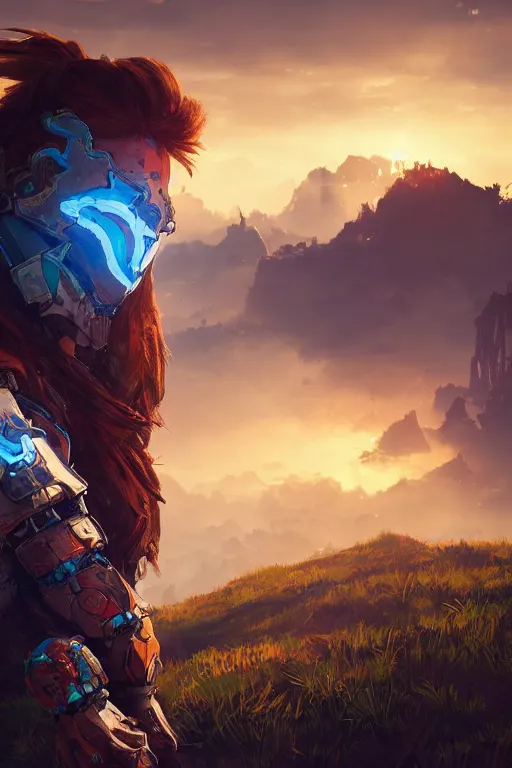 Image similar to combination suit armor aloy horizon forbidden west horizon zero dawn radiating a glowing aura global illumination ray tracing hdr fanart arstation by ian pesty and alena aenami artworks in 4 k tribal robot ninja mask helmet backpack