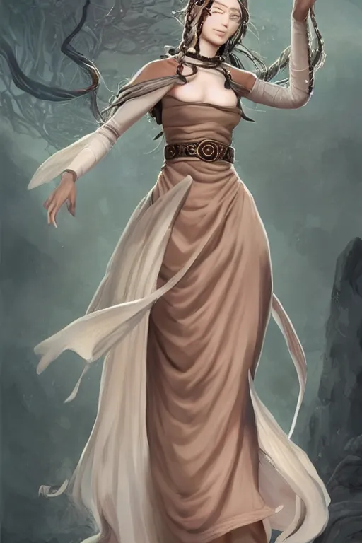 Prompt: a full body portrait of a gorgeous female monk, D&D, choker on neck, face visible, stylish dress, very long flowing hair, intricate, elegant, stylish, cute slightly nerdy smile, mouth slightly open, fantasy, highly detailed, digital painting, artstation, concept art, smooth, sharp focus, illustration, art by artgerm and greg rutkowski and alphonse mucha