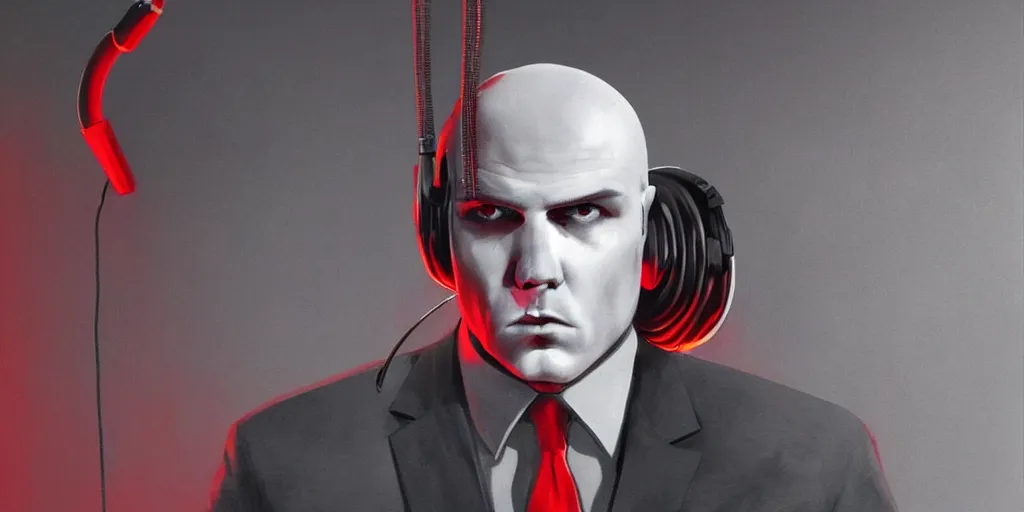 Image similar to a portrait of agent 4 7 from hitman wearing large headphones with wires in the background listening to music, dark background, red rim light, smooth, sharp focus, art by irina french