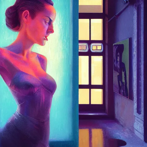 Image similar to detailed face of a woman, moment, cyberpunk cloisters, electronic billboards, tech noir, wet reflections, prism, atmospheric, ambient, pj crook, syd mead, livia prima, greg rutkowski, edward hopper