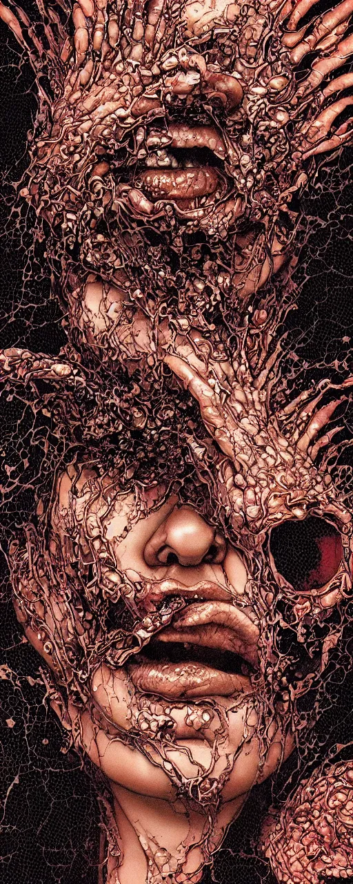 Image similar to closeup of face melting in agony been pulled by hands, inside a frame on a tiled wall, frontal picture, by yoichi hatakenaka, masamune shirow, josan gonzales and dan mumford, ayami kojima, takato yamamoto, karol bak