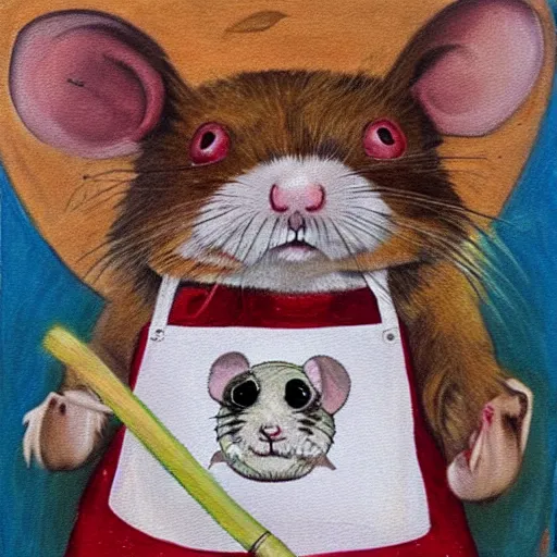 Image similar to an immortal dead hamster in a butcher's suit with an evil face, in an apron covered in blood, holding cleavers in his hands. the hamster has 4 arms. front view. old painting sketch