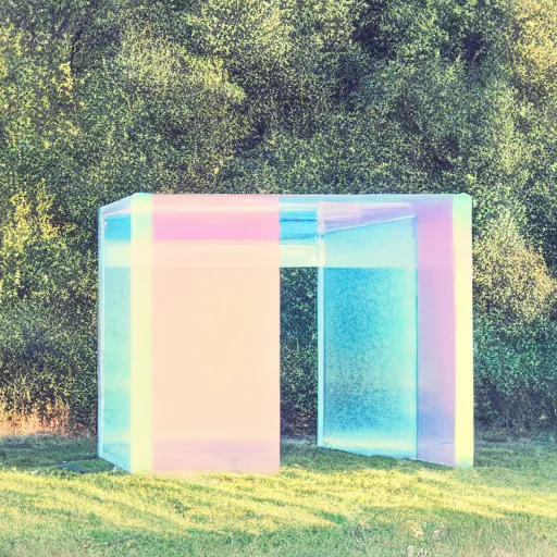 Prompt: a pastel coloured Polaroid photo of a minimalist sunbed made of transparent iridescent perspex stood in a field, beams of light, nostalgic