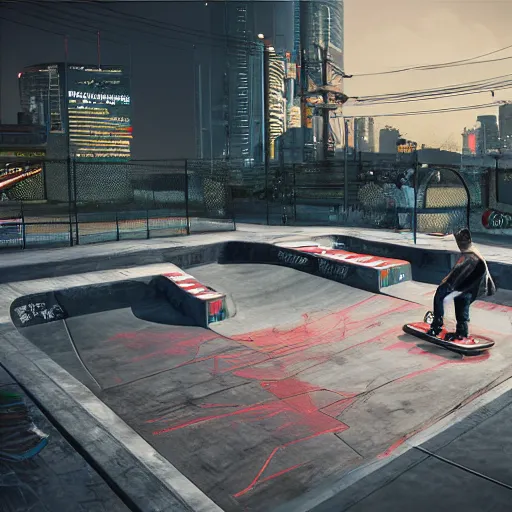 Image similar to cyberpunk skatepark, digital art, extremely detailed 4k