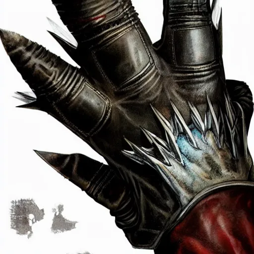 Prompt: metal claws on gloves, old leather gloves with attached talons, pointy fingertips, dark background, highly detailed, 8 k, trending on artstation, mystic, rpg artwork, by peter jackson, by sauron