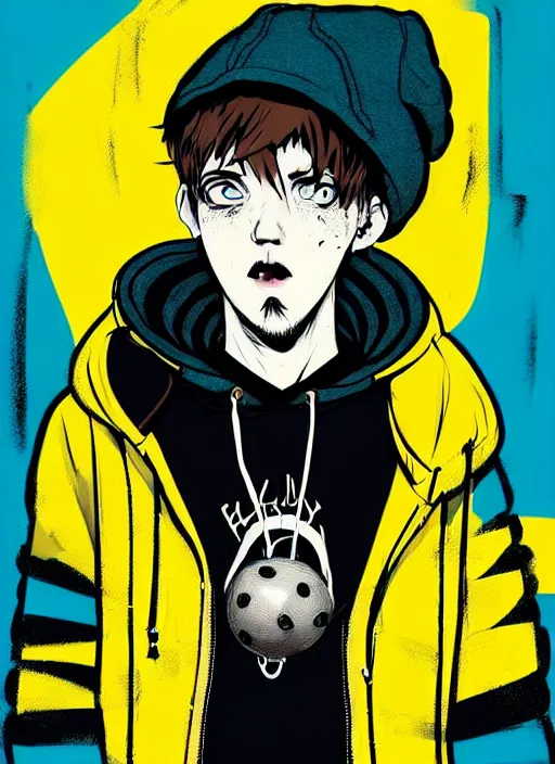 Image similar to highly detailed portrait of basketball boy punk student, blue eyes, tartan hoody, hat, white hair by atey ghailan, by greg tocchini, by kaethe butcher, gradient yellow, black, brown and cyan color scheme, grunge aesthetic!!! ( ( graffiti tag wall flat colour background ) )