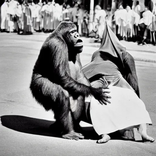 Image similar to a black and white photo of a silverback gorilla beating up a woman dressed as a nun