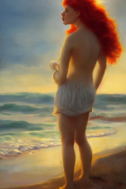 Image similar to a red haired young girl beach surreal, sunrise, dramatic light, vittorio matteo corcos