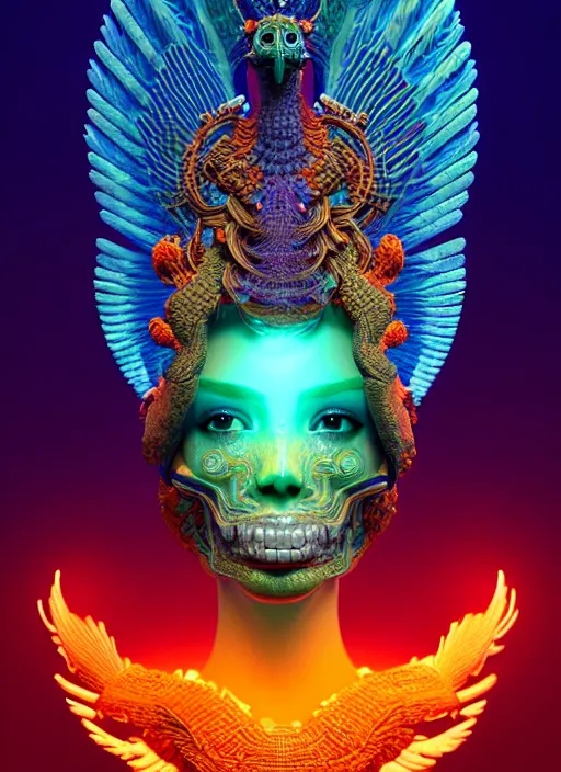 Image similar to 3 d goddess portrait, micro details global illumiantion beautiful intricate highly detailed quetzalcoatl skull and feathers. bioluminescent, plasma, lava, ice, water, wind, creature, thunderstorm! artwork by tooth wu and wlop and beeple and greg rutkowski, 8 k trending on artstation,