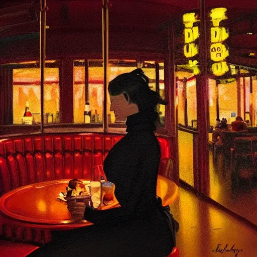 Prompt: silhouette of Elle Fanning holding a martini in a diner, stormy weather, extremely detailed masterpiece, oil on canvas, low-key neon lighting, artstation, Blade Runner 2049, Roger Deakin’s cinematography, by J. C. Leyendecker and Peter Paul Rubens,