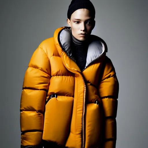 Image similar to realistic photoshooting for a new balenciaga lookbook color film photography of a beautiful woman model, model wears a puffer jacket, photo in style of tyler mitchell, ssense