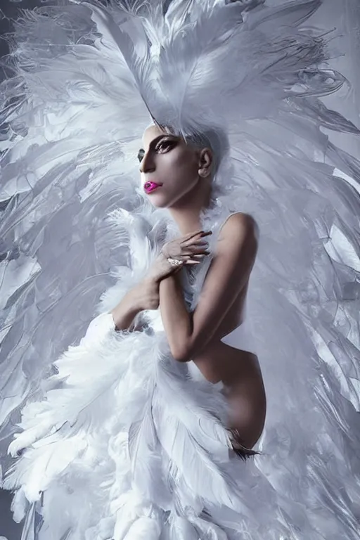 Image similar to lady gaga in a white dress with a plastic bag over her shoulder, a hologram by Alexander McQueen, featured on polycount, gothic art, made of feathers, ethereal, angelic photograph