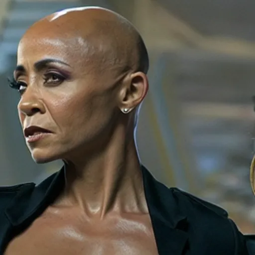 Prompt: photo of an angry looking jada pinkett with a bald head, sending visual waves of energy to will smith