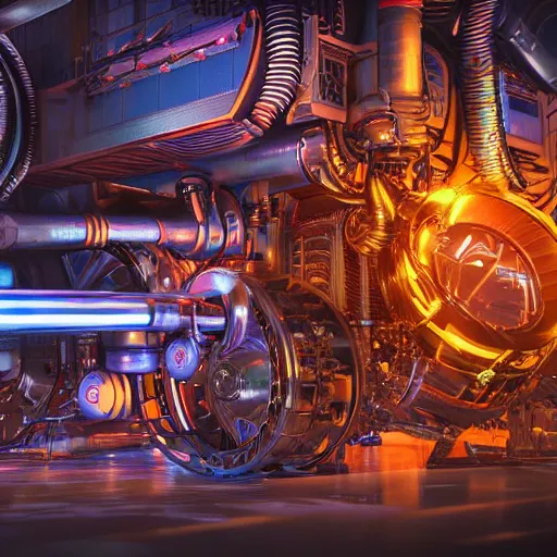 Prompt: album art, album is called tripmachine, photo of a huge futuristic dieselpunk engine inside a machinery, 8 k, fluorescent colors, halluzinogenic, multicolored, exaggerated detailed, front shot, 3 d render, octane