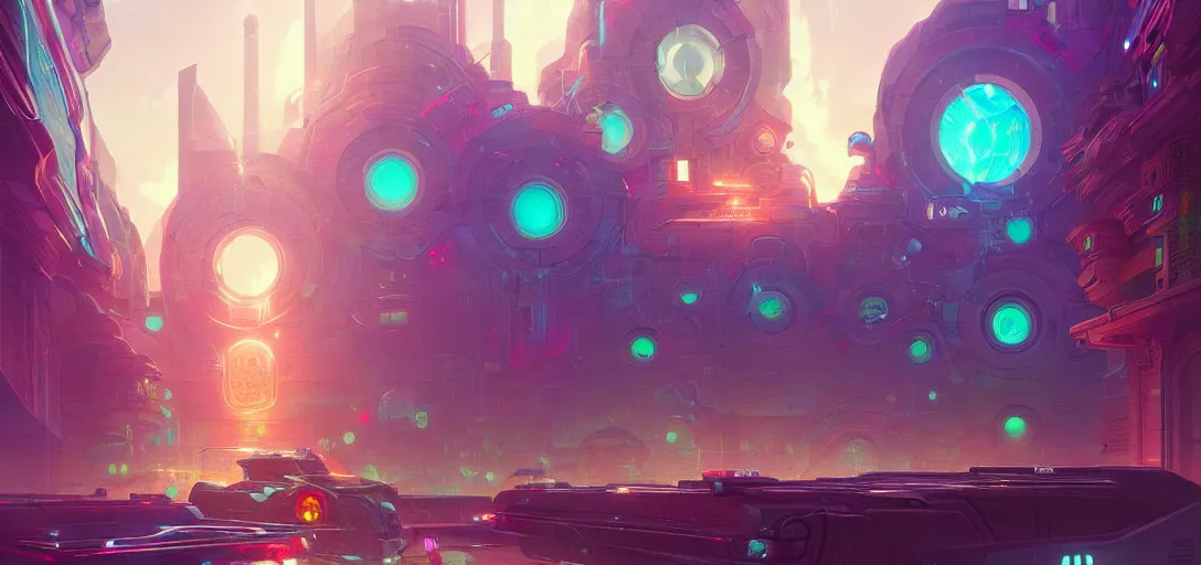 Image similar to street view of a cybernetic temple, vaporwave aesthetic, colorful, psychedelic, digital painting, artstation, concept art, smooth, sharp focus, illustration, art by artgerm and greg rutkowski and alphonse mucha