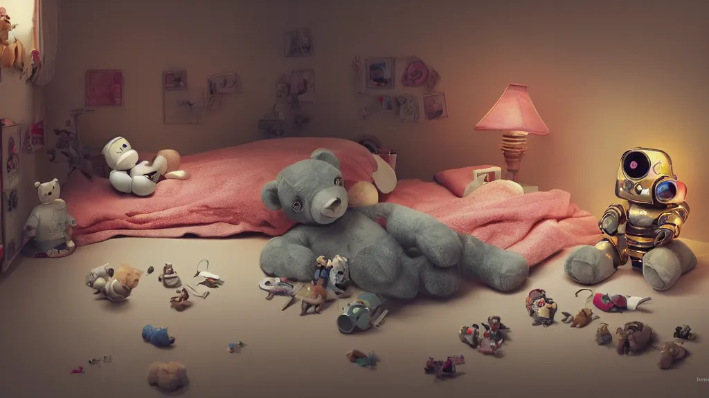 Image similar to a Photorealistic hyperrealistic render of an interior of a beautifully decorated spoiled child's beautiful bedroom, Close up low angle view of a vintage wind up toy robot on the floor with a giant teddy bear sitting on the bed by PIXAR,Greg Rutkowski,WLOP,Artgerm,dramatic moody sunset lighting,long shadows,Volumetric, cinematic atmosphere, Octane Render,Artstation,8k