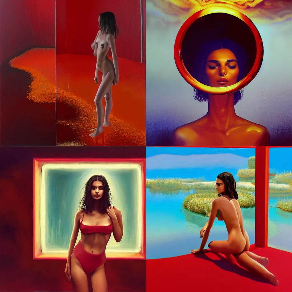Prompt: Emily Ratajkowski with beautiful face and full body laying in a blood red pool of water between a bright golden glowing mirror frame, outside is space and inside the mirror frame is a beautiful landscape. Hyperrealistic surreal 4K IMAX Rene Margritte intricate, elegant, highly detailed, digital painting, artstation, concept art, smooth, sharp focus, illustration, art by artgerm and greg rutkowski and alphonse mucha