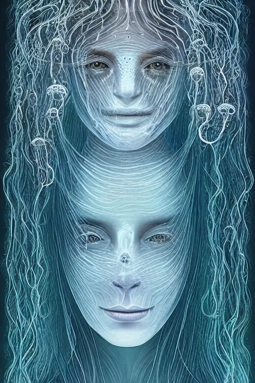Image similar to dark underwater portrait of a Bioluminescent ancient woman, with reaction diffusion semi-transparent skin. face closeup. long intricate dark hair, with jellyfish. very high detail, illustration, by alex grey and Ilya Kuvshinov