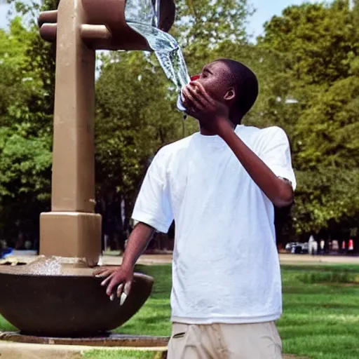 Image similar to “ a man drinking from a water fountain filled with urine. ”