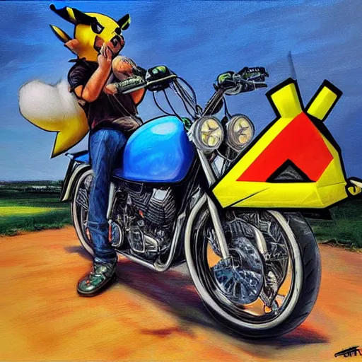 Prompt: pikachu, motorcycle, pikachu riding motorcycle, nestor canavarro hyperrealist art style, sharp brushstrokes